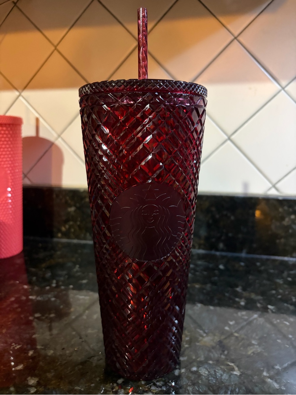 Starbucks Dark Ruby Red Textured Tumbler with Straw LIMITED EDITION CHRISTMAS